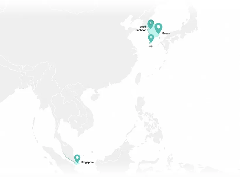 Global presence: Seoul, Incheon, Busan, Jeju (Korea) and Singapore